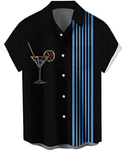 Mens Cocktail Chest Pocket Short Sleeve Bowling Shirt Casual Summer Beach Tops