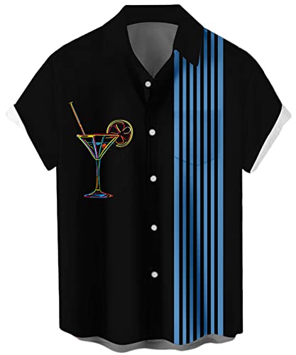Mens Cocktail Chest Pocket Short Sleeve Bowling Shirt Casual Summer Beach Tops #TOP15
