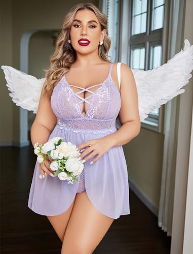 Image of Avidlove Plus Size Babydoll Womens Snap Crotch Lingerie V Neck Lace Nighty Sleepwear L-5XL