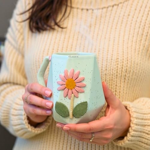 Image of Handmade Ceramic Mug 3D Daisy Flower Design Coffee Tea Cup 240 ml Gift for Coffee Lovers Kitchen Decor (Pink /Light Blue /Yellow /Grey) (Light Blue)