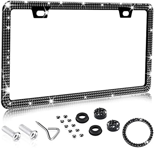 1Black Sparkle License Plate Frame, Luxury Glass Crystal Bling License Plate Frame for Women Cute, Thin Border Stainless Rhinestone Bedazzled Diamond License Plate Frame with Anti Theft Screw Caps