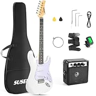 {High Quality Material}Electric guitar beginner kits comes with Rosewood fingerboard, Canadian Maple neck with “C”shaped profile, Solid basswood body, environmental pickguard, and the frets are polished by hand, which are very round and greatly reduc...