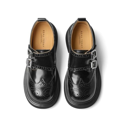 Image of BEAU TODAY Womens Leather Loafers, Monk Strap Womens Loafers, Business Casual Office Shoes, Brogue Wingtip Slip-on Dress Shoes
