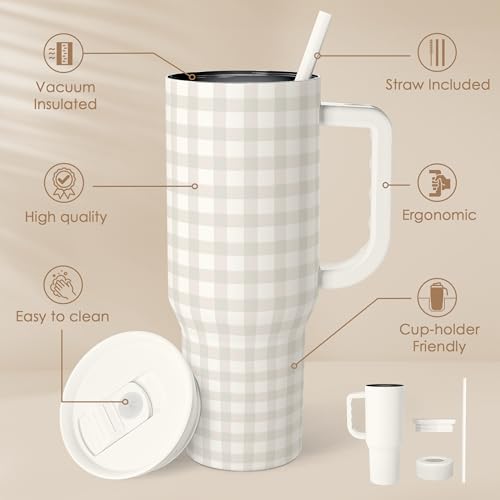 Image of SANDJEST Grey Gingham 40oz Slider Tumbler with Handle and Straw - Insulated Stainless Steel Travel Coffee Mug for Women Girls, Gift for Birthday, Christmas