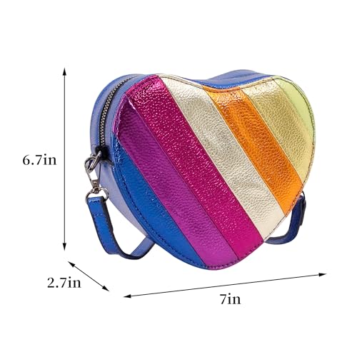 Naimo Womens Heart Shape Bag Rainbow Stripe Purse Crossbody Bags PU Leather Metallic Shoulder Chain Bag2
