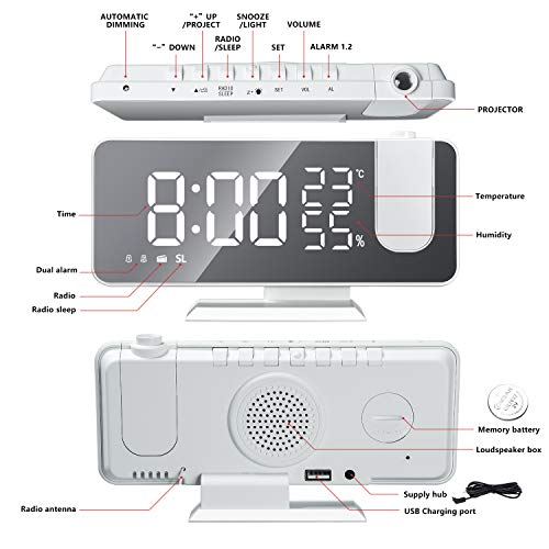 Evilto 投影時計・ホワイト Projection Alarm Clock For Bedroom Ceiling Digital Clock Radio thumb #1