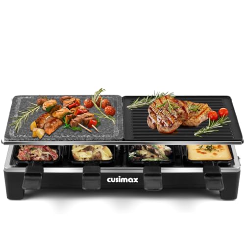 CUSIMAX Raclette Grill mit Reversible Grillpfanne & Natürlichem Grillstein Raclette Partygrill für 8 Personen Stufenlos Regulierbare Temperatur 8 Mini Pfännchen Antihaftbeschichtung 1500W Schwar