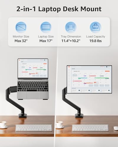 Image of MOUNTUP Laptop Stand for Desk, Adjustable Aluminum Laptops Arm Mount for 14-17 Inch Notebook & 32 inch Monitor, Laptops Arm for Desk Support for 2.2-19.8lbs, 2-in-1 Laptop Desk Mount with Clamp /Grommet