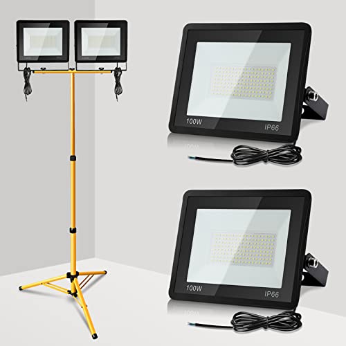 Ikodm Lot de 2 projecteurs de chantier à LED avec trépied, 100 W, 8500 lm, 6000 K, blanc froid, avec câble de 1 m, étanchéité IP66, sans fiche
