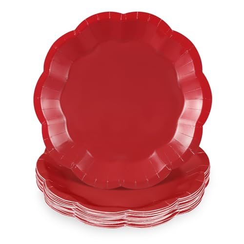 Image of NatNarr 30 Pcs Red Paper Plates 7 Inch Scalloped Dessert Plates Cake Plate | Red Party Plate Disposable for BBQ, Seafood Boil Party, Wedding, Birthday