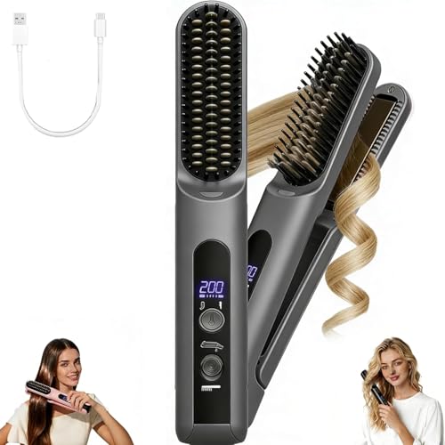 Cordless Hair Straightener Brush - Curler 2 in 1 Hair Styling Tools Portable Hot Combs Heated Hair Straightening Brush Rechargeable For Travel with 4 Temperature Settings