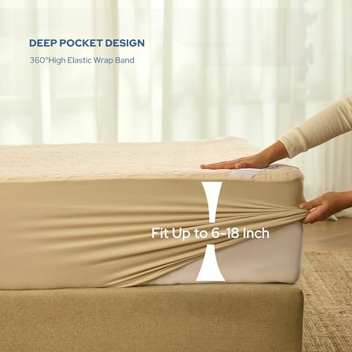 Image of BEDLORE 2 Pack Waterproof Mattress Protector, Queen Size Mattress Pad with Deep Pocket 6 inch-18 inch Depth, Soft Breathable Bed Mattress Cover for Home, Bedroom, Hotel (Beige)