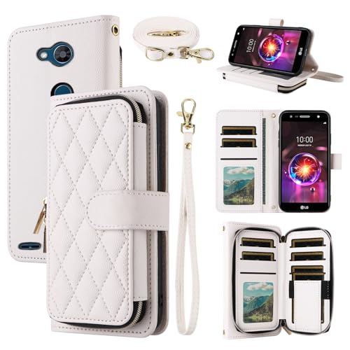 Dswteny Argyle Wallet Case for LG X Charge/Fiesta 2 LTE/X Power 3/X5/LV7 with Wrist Strap Shoulder Strap Flip Credit Card Holder Cell Phone Cover for LG-M322 XPower 2 SP320 M327 M322 Women Girls White