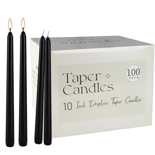 Halloween 100 Pcs Black Taper Candles 10 Inch (H) Dripless Tapered Candles Smokeless Long Candles Tall Unscented Dinner Candle for Household Wedding Party Home Decor Candlesticks, Long Burning…