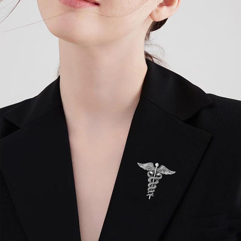 Image of Dreuyet Medical Caduceus Angel Nurse Brooch Pins for Nurse Doctor Medical Symbol Stethoscope Snake Caduceus RN Nursing Badge Crystal Brooches Lapel Pin Wand Brooch Doctor Nurse Therapist Appreciation Jewelry Gift