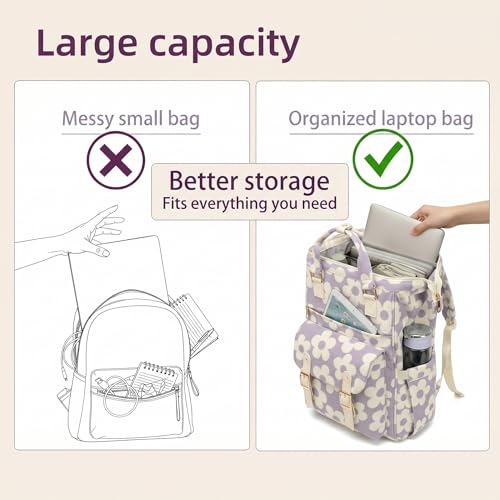 Image of Corduroy Laptop Backpack for Women 15.6 Inch Stylish College School Bookbag, Business Work & Travel Computer Backpacks (Large Floral Purple)