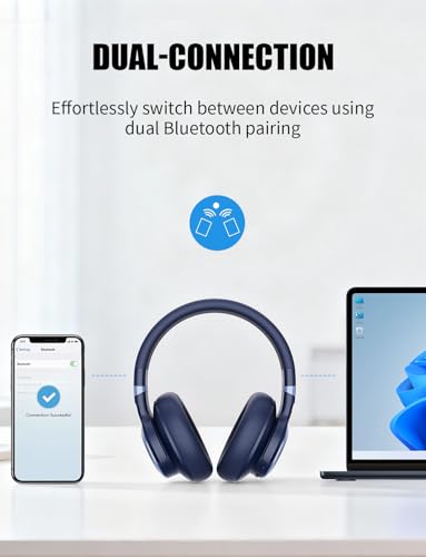 Image of KVIDIO Active Noise Cancelling Headphones, 70 Hours Playtime Bluetooth Headphones with Microphone, Transparency Mode, Deep Bass and Hi-Fi Stereo Sound (Blue)