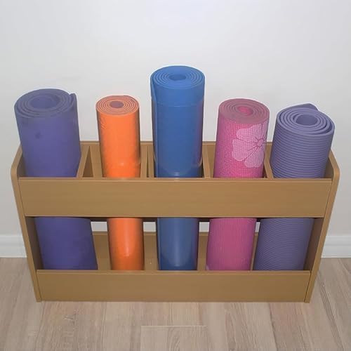 Yoga Mat Holder – Multifunctional Storage Bin for Home Gym, Natural Wood Exercise Mat Display Stand, Heavy Duty 7 Grids Rack for Yoga, Office & Home Organization