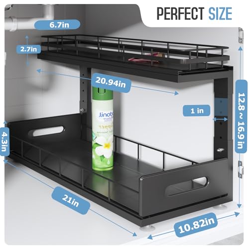 Image of Under Sink Organizer Upgrade To Professional Rails,2-Tier Dual Pull Out Cabinet Storage,Height Adjustable Slide Out Drawers For Bathroom Kitchen,2 Pack-21 inchDx12.8 inch-16.9 inchH,Black
