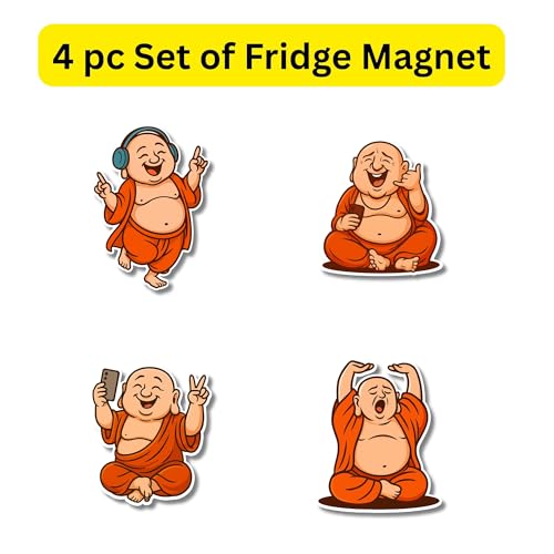 Image of Regalo Casila Laughing Buddha Fridge Magnet Set Fun Modern Monk Series 4 Pc Ideal Gift for Kids Adults Friends Colleagues