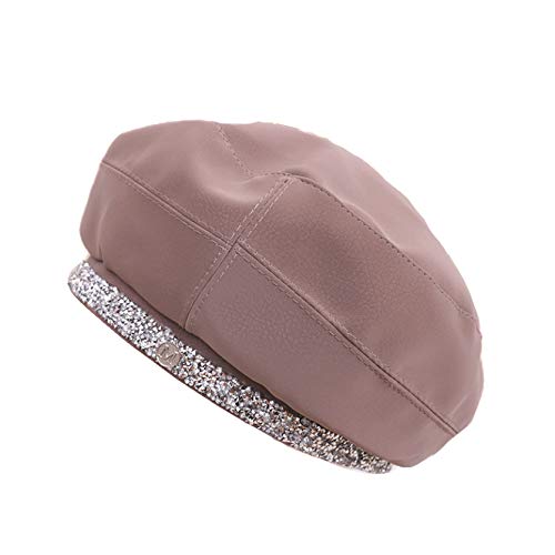 ASO-SLING Women's Warm Lined PU Leather Berets French Style Solid Color Painter Hat Comfy Cold Weather Artist Hats Pink