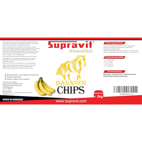 Supravit Bananenchips für Pferde – 2kg Eimer – knusprige Bananenscheiben aus 100% echten Bananen – appetitanregendes Ergänzungsfuttermittel – ideales Pferdeleckerli