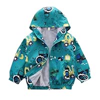La-haut kids Boy's Hooded Jacket, 1 Year to 5 Years, Windbreaker, Tractor, Concrete Mixer Truck, Bulldozer, Construction Vehicles, Zip, Blue and Green