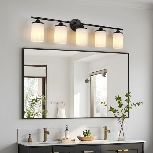 Image of Jonsi Black Bathroom Light Fixtures 5-Light Vanity Lights Modern Wall Sconce with Milk White Shade Brushed Brass Bathroom Light Fixture Over Mirror for Bedroom Hallway Kitchen