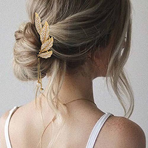 Bartosi U-Shaped Hairpin Gold Feather Hair Barrettes Tassel Hair Clips Rhinestone Crystal Hair Fork Fashionable Dish Hair Fringed Decorative Hair Accessories For Women Girls (Pack Of 1) #TOP2
