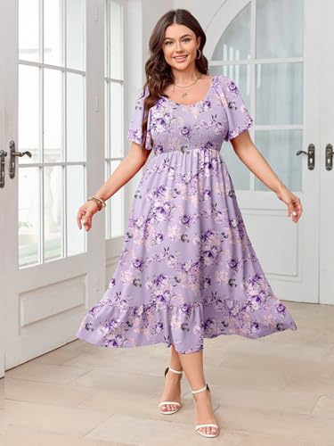 Image of SCOMCHIC Women's Plus Size Summer Dress Casual Short Sleeve Scoop Neck Maxi Dress Smocked Ruffle Boho Flowy Long Dresses