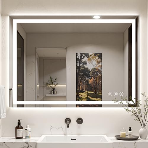 Image of 48x40 LED Bathroom Mirror with Anti-Fog, Backlit & Front Lit, Memory | Stepless Dimmable 3 Color CRI 95+ Shatterproof Tempered Glass ETL Listed for Safety Lighted Bathroom Vanity Mirror for Wall