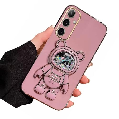 Nadoli pour Samsung Galaxy A25 5G Sable mouvant Ours Astronaute Invisible Béquille Coque,Ultra Mince Placage Astronaute Pliant Supporter Silicone Flexible Paillette Housse Étui de Potection