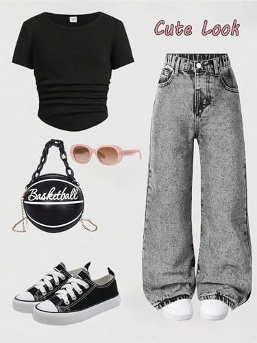 Image of Jeans for Girls Baggy Wide Leg Cute Bow High Elastic Waisted Denim Pants Y2K Boyfriend Skater Streetwear 7-14Y