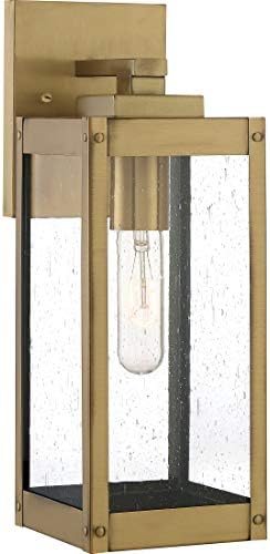 Quoizel Westover Modern Wall Sconce, 14.25 Inch Antique Brass 1-Light Outdoor Light Fixture, Clear Seeded Glass Wall Lantern, 100 W, Industrial Design Wall Light for Porch, Patio, Gazebo or Yard