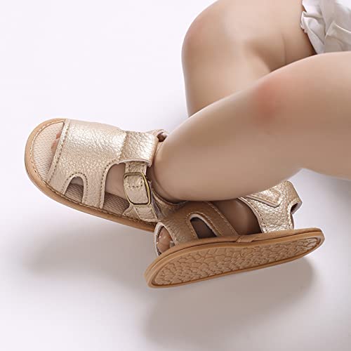 Summer Children Infant Toddler Shoes Boys and Girls Sandals Flat Bottom Lightweight Hook Loop Buckle (Gold, 5 Infant)4