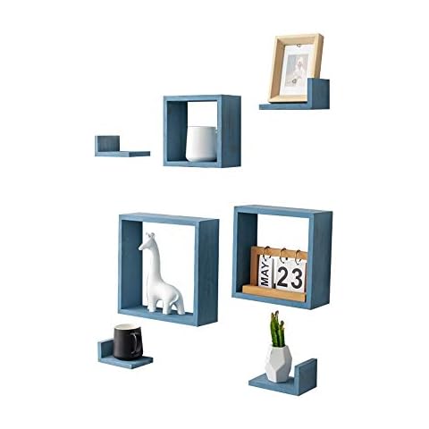 Coral Flower Rustic Wall Mounted Square Shaped Floating Shelves – Set of 7 – 3 Square Shelves and 4 L-Shaped Rustic Shelves – Screws and Anchors Included, Rustic Blue Cover