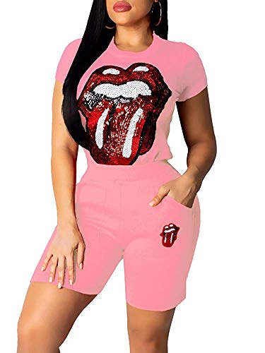 Yeshire Women's Short Sleeve 2 Piece Outfit Sequins Lips Print Sweatshirts Tracksuit Shorts