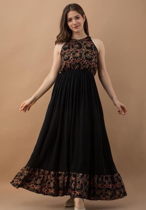 Image of Women's Embroidered Anarkali Maxi Dress | Sleeveless Ethnic Gown with Floral Print | Party Long Flared Dress for Women & Girls