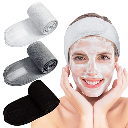 Image of Whaline 3Pcs Spa Facial Headband Make Up Wrap Head Terry Cloth Headband Adjustable Washable Towel for Face Washing Shower Skincare Facial Treatment Sport Fits Makeup (White, Black, Gray)