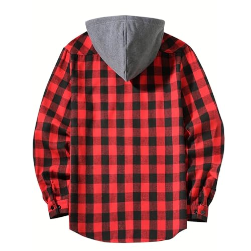 Men's Hoodie Shirts Casual Button Down Plaid Shirt Jackets for Men Long Sleeve Stylish Hooded with Pocket3