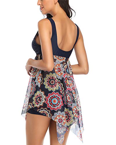 Temptme Women's Mesh Swimdress Two Piece Tankini Swimsuit Twist Front Bathing Suit with Boyshorts Dark Blue