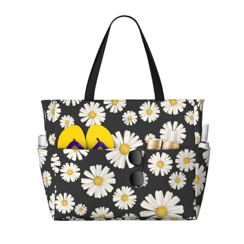 Sac de plage marguerites blanches grand format et cabas fourre-tout pour femme