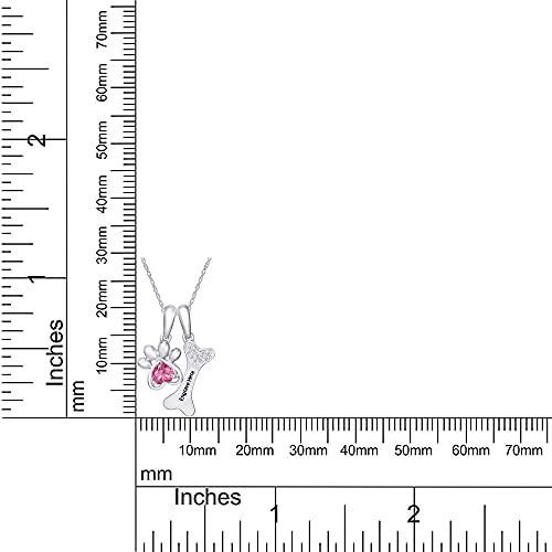 Personalized Engrave 4MM Heart Cut Simulated Birthstone & Round Cut White Natural Diamond Accent Paw Print And Dog Bone Pendant Necklace In 14k Gold Over Sterling Silver With 18" Chain2