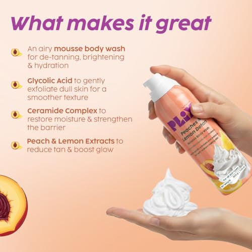 Image of Plix Peaches & Lemon De-Tan Mousse Body Wash | Glycolic Acid & Ceramides | Hydrating Mousse Body Wash with Fruit Extracts | Smooth, Bright Skin