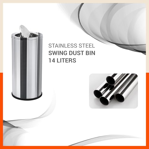 Image of Bathla Stainless Steel Swing Dustbin with Lid for Home, Office & Kitchen - 14 Litres | Swing Lid Trash Can | Durable & Rust-Resistant Garbage Bin
