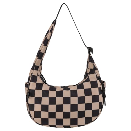 Checkered Shoulder Bag for Women Crescent Bag Small Shoulder Purse Nylon Handbags with Adjustable Strap