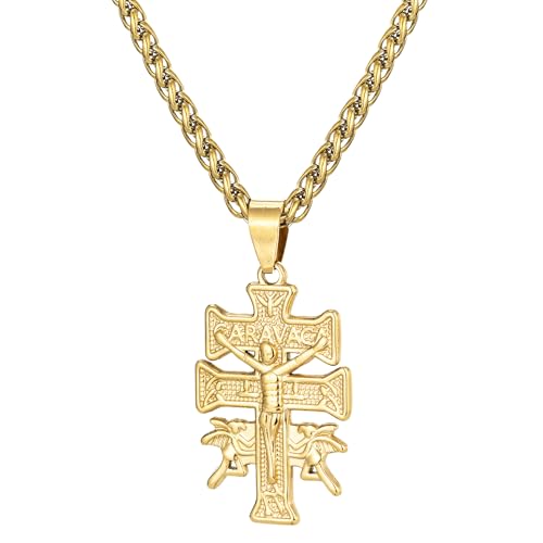 SAELACY Catholic Caravaca Crucifix Cross Pendant with Cherub Angel Necklace for Women Men 14K Silver Tone Stainless Steel with 3mm Wheat Chain Necklace 20+2 (gold chain length:20+2)