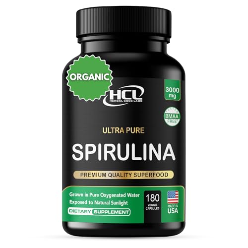 Organic Spirulina Powder Capsules 3000 mg - Purest Non-Irradiated Blue Green Algae - Best Raw Vegan Protein - Green Superfood - Natural Multivitamins – 180 Pills Made in The USA