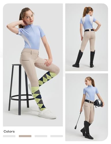 Image of FitsT4 Sports Girls Horse Riding Pants Full Seat Silicone Girls Equestrian Pants Stretchy Kids Breeches Riding Tights Pockets