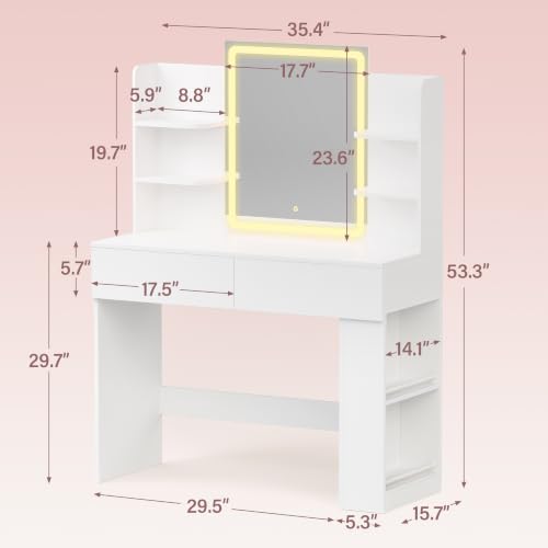 Image of YESHOMY 35.4 inch Vanity Desk with LED Mirror and Lights,Makeup Vanity with 2 Storgae Drawers, 2 Side Shelves, and Open Storage Shelves, 3 Color Modes, for Bedroom, Snow White